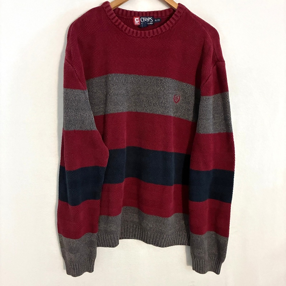 Vtg Chaps Ralph Lauren Sweater Men's XL Striped Knit Heritage Preppy Ivy Holiday